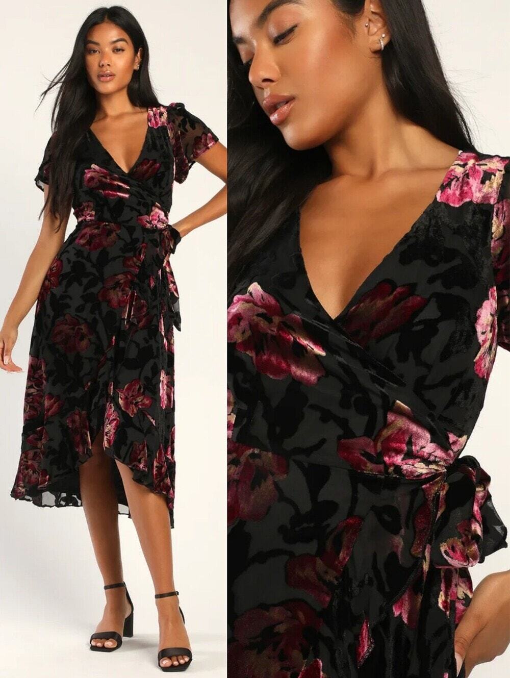 🚨NEW LULUS Chic Status Black Floral Velvet Burnout Wrap Midi Dress Wedding Sz S